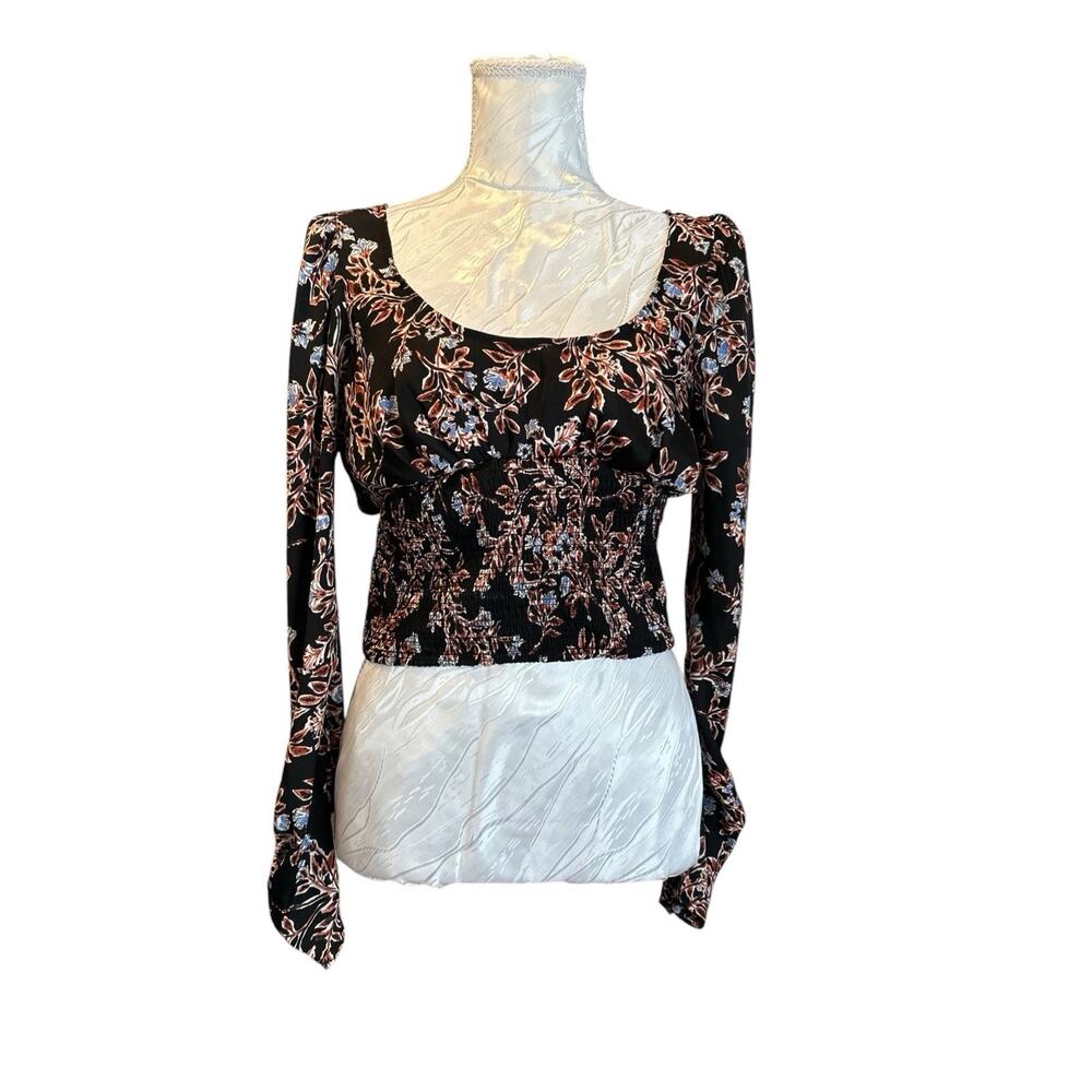 Free People Black Floral Smocked Crop Top Small Coquette Whimsical Cottagecore